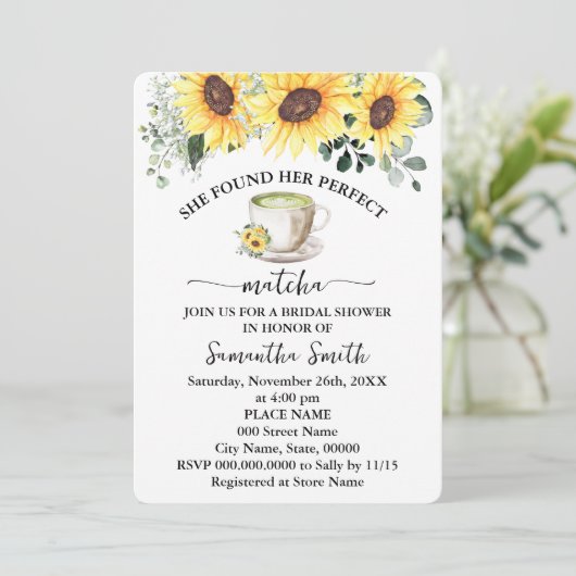 ひまわりの花が彼女の完璧な抹茶ブライダルシャワー 招待状 (スタンド正面)