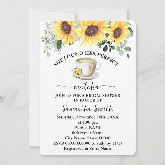 ひまわりの花が彼女の完璧な抹茶ブライダルシャワー 招待状 (正面)
