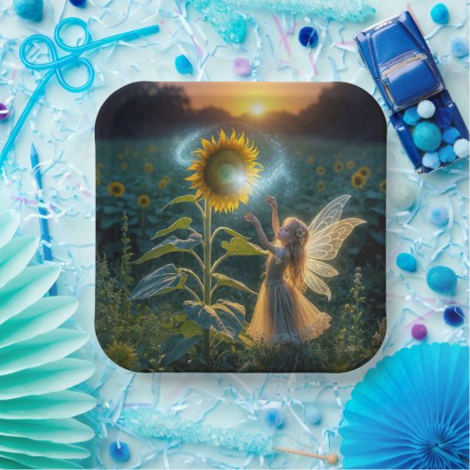 ひまわりの花で呪文を唱える少女 ペーパープレート (パーティー)