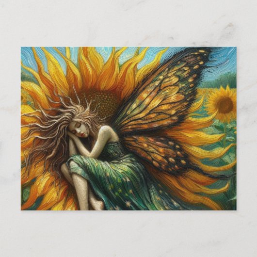 ひまわりの花で眠る美しい妖精 ポストカード (正面)