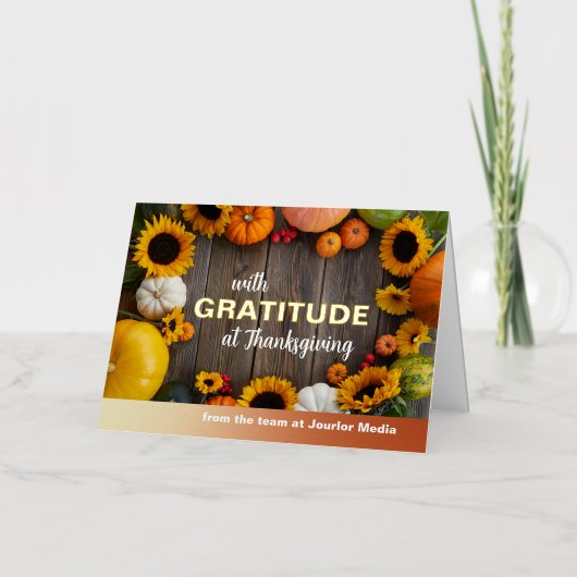 ひまわりの花とかぼちゃへの感謝 箔グリーティングカード (正面)