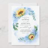 ひまわりの花とほこりっぽい青あじさい結婚フローラ 招待状 (正面)