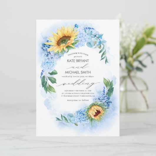ひまわりの花とほこりっぽい青あじさい結婚フローラ 招待状 (スタンド正面)