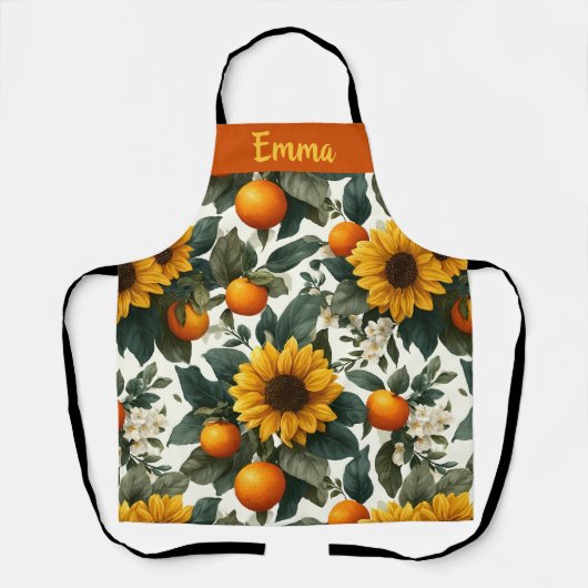 ひまわりの花とオレンジ秋デザイン エプロン (正面)