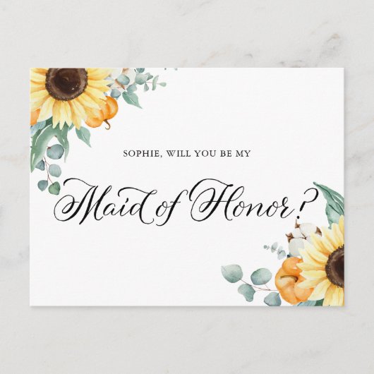 ひまわりの花とカボチャ私のメイド・オブ・オーナー(花嫁付き添い人)カード ポストカード (正面)