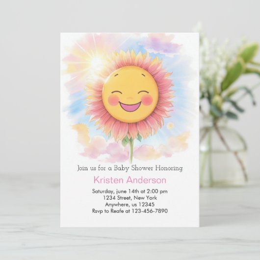 ひまわりの花とスマイルサンシャインガールベビーシャワー 招待状 (スタンド正面)