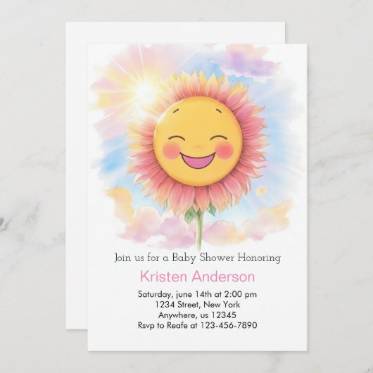 ひまわりの花とスマイルサンシャインガールベビーシャワー 招待状 (正面/裏面)