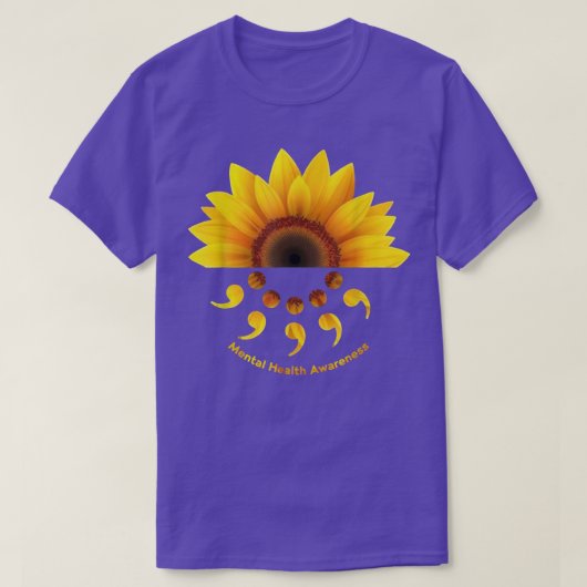 ひまわりの花とセミコロンのメンタルヘルス認識度64 Tシャツ (デザイン正面)