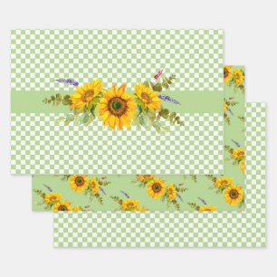 ひまわりの花とチェッカーボードトリオ ラッピングペーパーシート