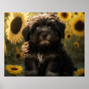 ひまわりの花とチョコレートハバニーズ子犬by HavaHug ポスター