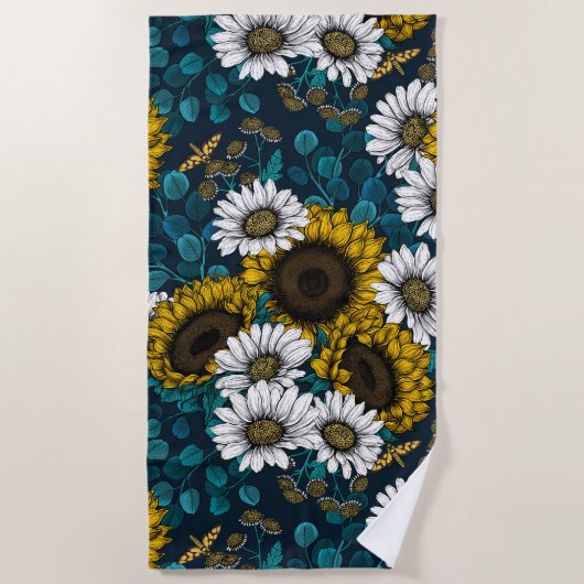 ひまわりの花とデイジー、夏の庭2 ビーチタオル (正面)