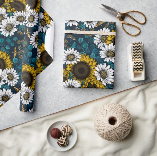 ひまわりの花とデイジー、夏の庭2 ラッピングペーパー (クラフト)