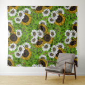ひまわりの花とデイジー、夏の庭 タペストリー (インサイチュ(横))