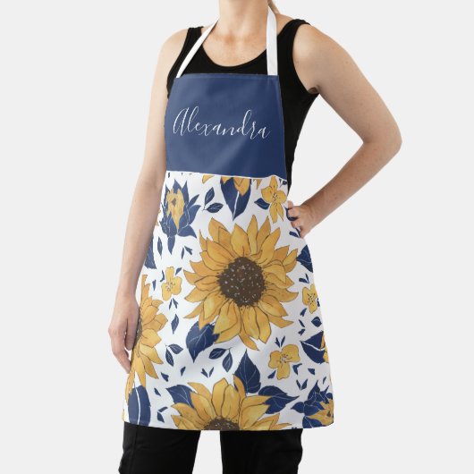 ひまわりの花とネイビーパーソナライズされたル エプロン (インサイチュ)