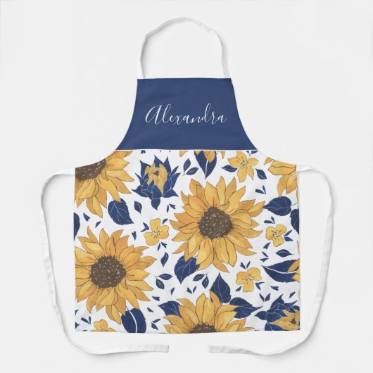 ひまわりの花とネイビーパーソナライズされたル エプロン (正面)