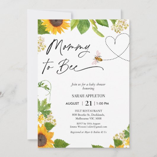 ひまわりの花とハートママへビー赤ちゃんシャワー 招待状 (正面)
