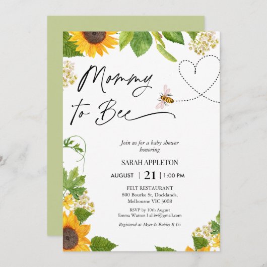 ひまわりの花とハートママへビー赤ちゃんシャワー 招待状 (正面/裏面)