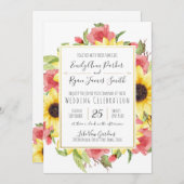 ひまわりの花とバラの金ゴールド結婚フレーム 招待状 (正面/裏面)