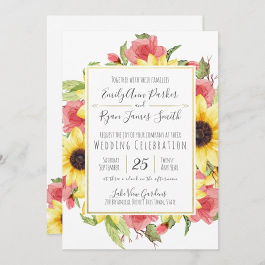 ひまわりの花とバラの金ゴールド結婚フレーム 招待状 (正面/裏面)