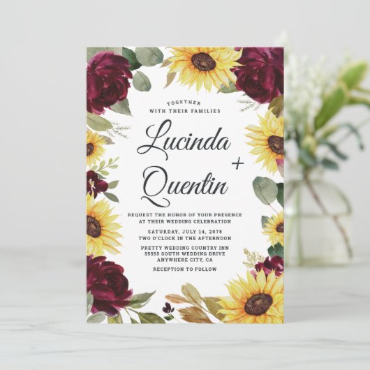 ひまわりの花とバラバーグンディ素朴レッド結婚ズ 招待状 (スタンド正面)