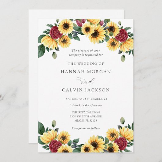 ひまわりの花とバラ秋結婚式招待状 招待状 (正面/裏面)