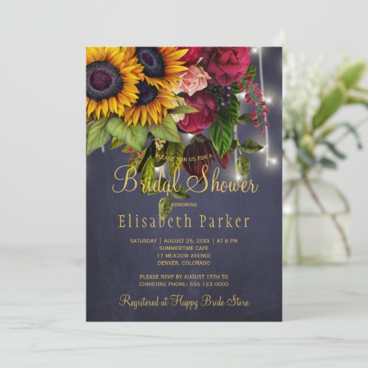ひまわりの花とバラ素朴な海軍ブライダルシャワー 招待状 (スタンド正面)