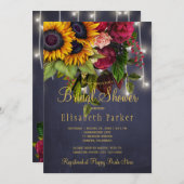 ひまわりの花とバラ素朴な海軍ブライダルシャワー 招待状 (正面/裏面)
