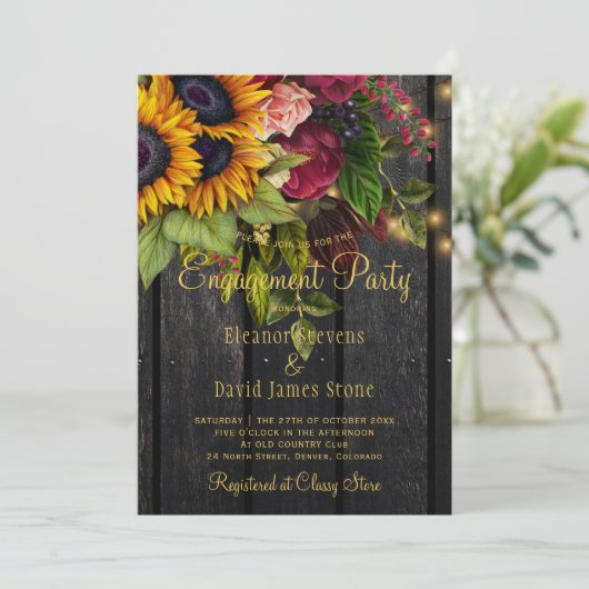 ひまわりの花とバラ素朴な納屋の木の婚約 招待状 (スタンド正面)