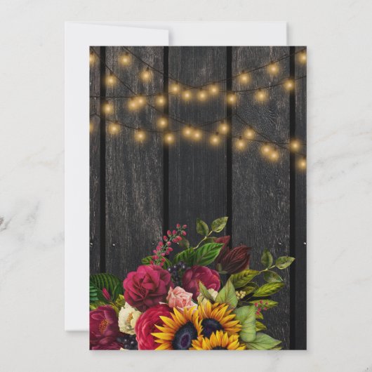 ひまわりの花とバラ素朴な納屋の木の婚約 招待状 (裏面)