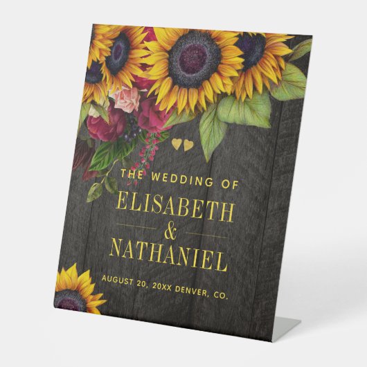 ひまわりの花とバラ結婚の素朴な歓迎サイン 台座サイン (正面)
