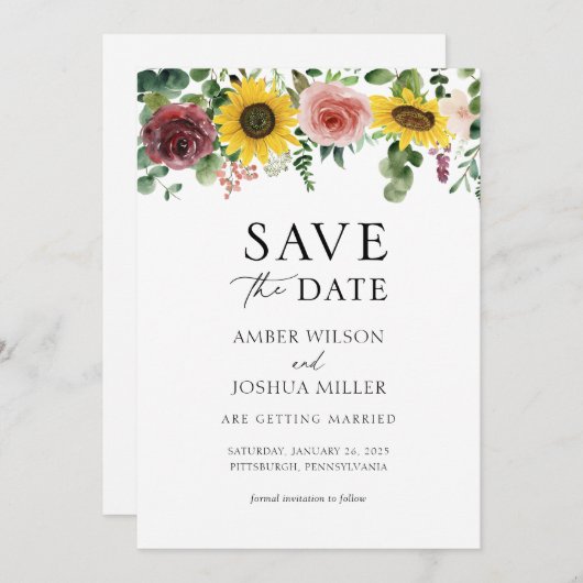 ひまわりの花とバラ結婚式の日付を保存 (正面/裏面)