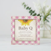 ひまわりの花とピンクのジンガム赤ちゃんシャワー 招待状 (スタンド正面)