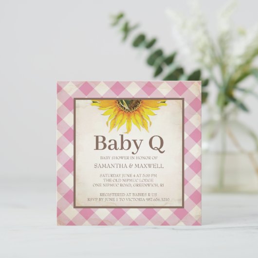 ひまわりの花とピンクのジンガム赤ちゃんシャワー 招待状 (スタンド正面)