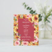 ひまわりの花とピンクのバラの予算の結婚式の招待 (スタンド正面)