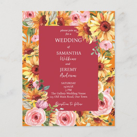 ひまわりの花とピンクのバラの予算の結婚式の招待 (正面)