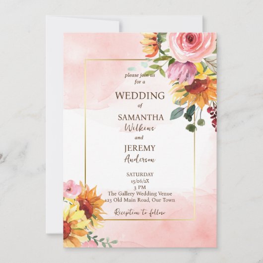 ひまわりの花とピンクのバラの結婚式を招待 招待状 (正面)