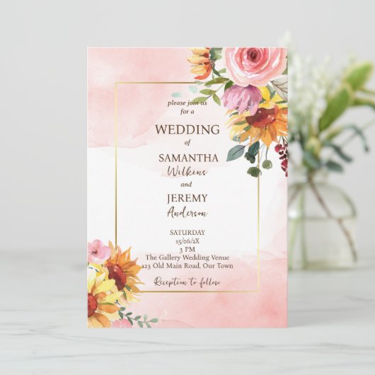 ひまわりの花とピンクのバラの結婚式を招待 招待状 (スタンド正面)