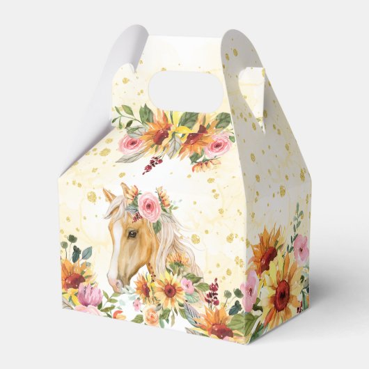 ひまわりの花とピンクの花をつけるパロミノの馬 フェイバーボックス (裏面サイド)