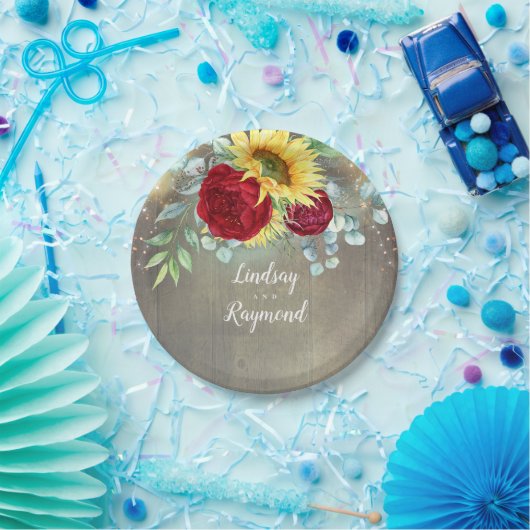 ひまわりの花とブルゴーニュ赤いバラ素朴の国 ペーパープレート (パーティー)