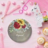 ひまわりの花とブルゴーニュ赤いバラ素朴の国 ペーパープレート (パーティー)