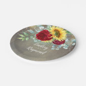 ひまわりの花とブルゴーニュ赤いバラ素朴の国 ペーパープレート (アングル)