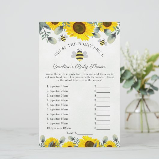 ひまわりの花とミツバチ赤ちゃんシャワー推定価格ゲーム (スタンド正面)