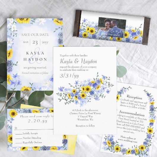 ひまわりの花とライトブルーローズブーケ結婚ーズ 招待状