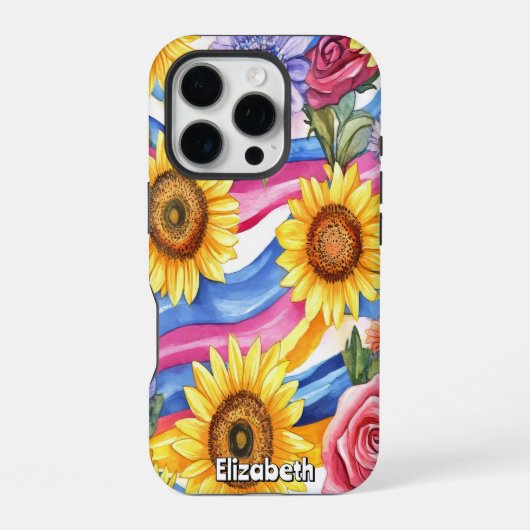 ひまわりの花とレインボーウェーブ iPhoneケース (裏面)