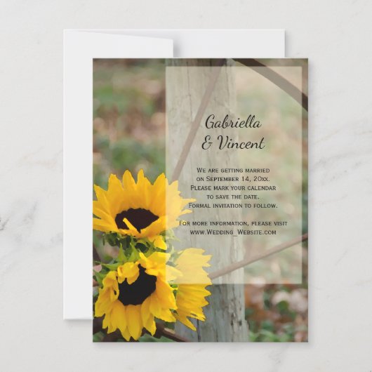 ひまわりの花とワゴンホイールウェディング日付を保存 マグネット招待状 (正面)