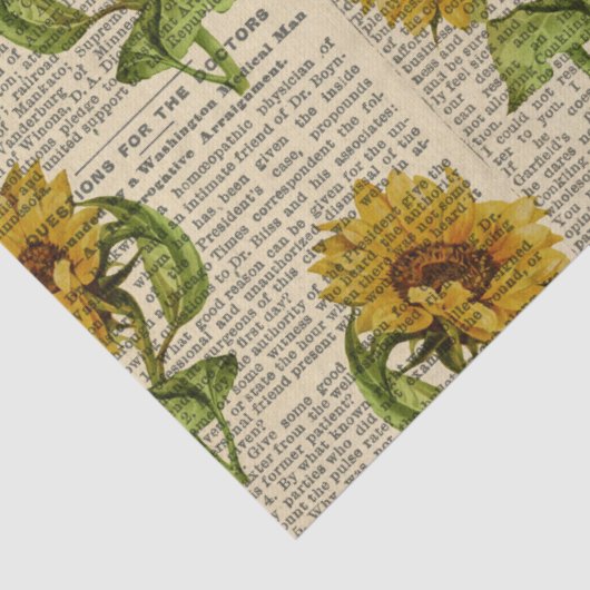 ひまわりの花とヴィンテージニュースプリントのデクページ 薄葉紙 (詳細)