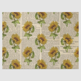 ひまわりの花とヴィンテージニュースプリントのデクページ 薄葉紙