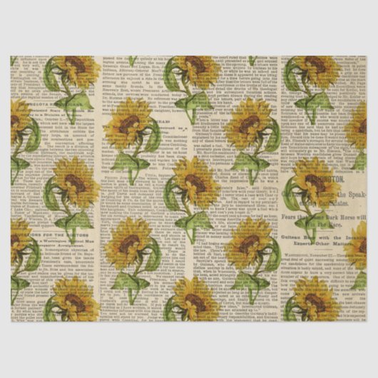 ひまわりの花とヴィンテージニュースプリントのデクページ 薄葉紙 (正面)