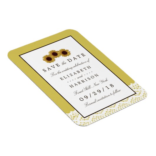 ひまわりの花とヴィンテージレース結婚式の日付を保存 マグネット (右側)
