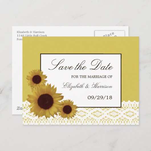 ひまわりの花とヴィンテージレース結婚式の日付を保存 案内ポストカード (正面/裏面)